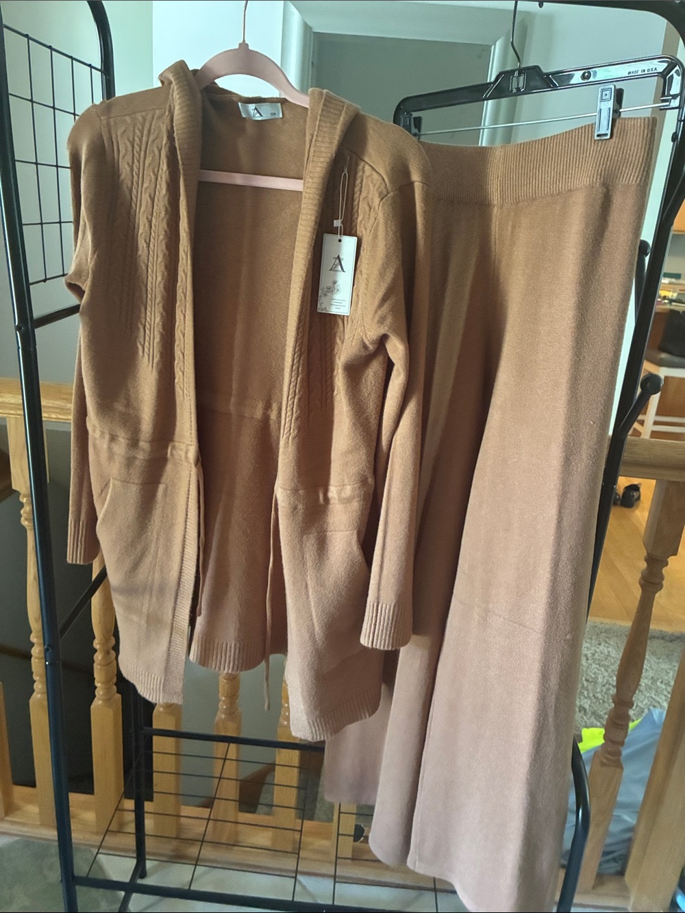 Cozy Hooded Cardigan & Wide-Leg Knit Pants Set - Camel